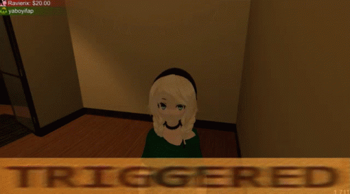 A Girl In A Green Shirt Is Standing In A Room With The Word Triggered Behind Her GIF