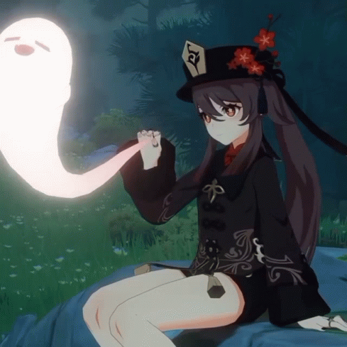 A Girl In A Hat With The Letter R On It Is Sitting Next To A Ghost GIF