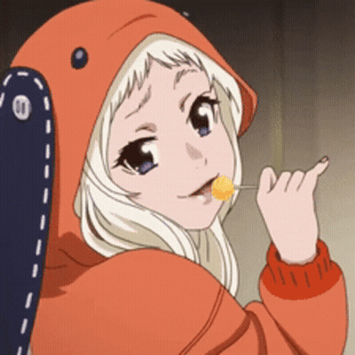 A Girl In A Hoodie Is Licking A Lollipop . GIF