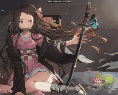 A Girl In A Kimono Is Holding A Sword In Front Of A Butterfly And The Website Www.bandicam.com GIF