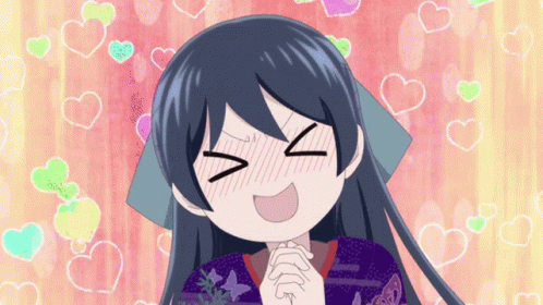 A Girl In A Kimono Is Making A Funny Face With Hearts Around Her GIF
