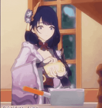 A Girl In A Kimono Is Standing In Front Of A Window Cooking . GIF