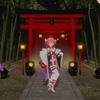 A Girl In A Kimono Stands In Front Of A Torii Gate GIF