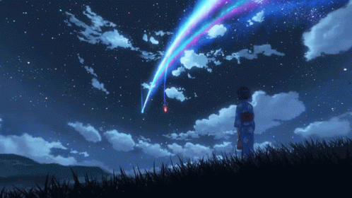 A Girl In A Kimono Stands In The Grass Watching A Star Shine In The Night Sky GIF