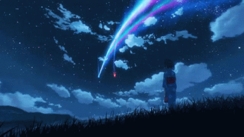 A Girl In A Kimono Stands In The Grass Watching A Star Shine Through The Night Sky GIF