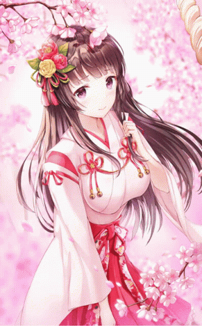 A Girl In A Kimono With Flowers In Her Hair Is Surrounded By Cherry Blossoms GIF