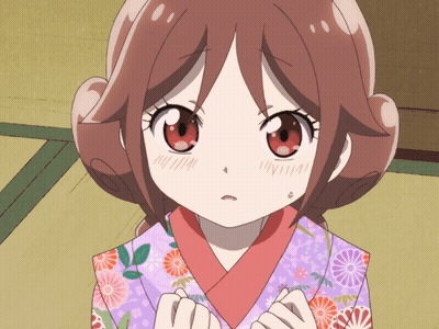 A Girl In A Kimono With Flowers On It Is Looking At The Camera GIF