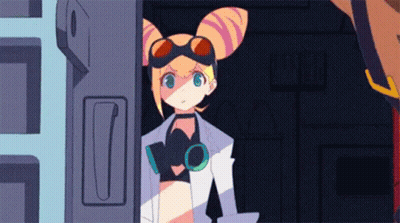 A Girl In A Lab Coat And Goggles Is Standing Next To A Door In A Dark Room . GIF