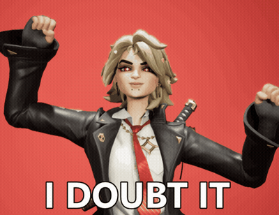 A Girl In A Leather Jacket And Tie Says I Doubt It On A Red Background GIF