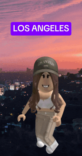 A Girl In A Los Angeles Hat Is Standing In Front Of A City GIF