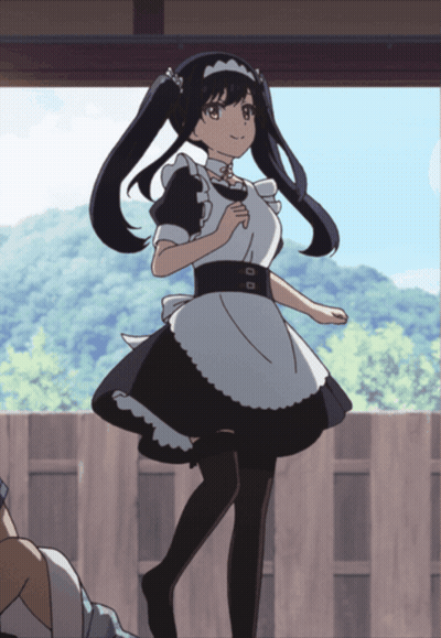 A Girl In A Maid Costume Is Standing In Front Of A Wooden Fence GIF