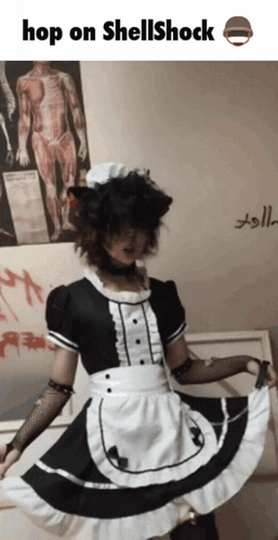 A Girl In A Maid Costume With The Words Hop On Shellshock Written Above Her GIF