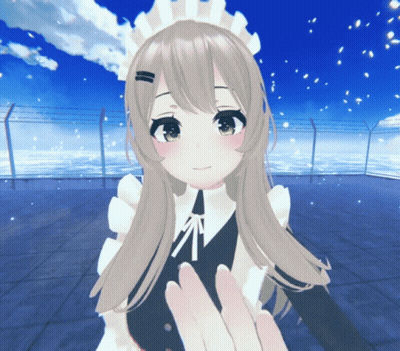 A Girl In A Maid Outfit Holds Someone 'S Hand In Front Of A Fence GIF