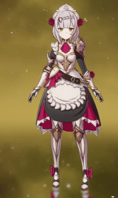 A Girl In A Maid Outfit Is Standing In Front Of A Golden Background GIF