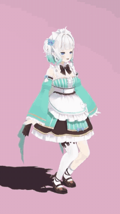 A Girl In A Maid Outfit Is Standing On A Pink Background GIF