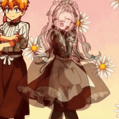 A Girl In A Maid Outfit Is Surrounded By Daisies And A Boy In A Bow Tie With The Letter O On His Shirt GIF