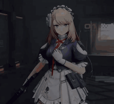 A Girl In A Maid Outfit Stands In Front Of A Sign That Says D11 On It GIF