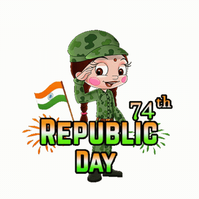 A Girl In A Military Uniform Salutes While Holding A Flag And The Words 74Th Republic Day GIF
