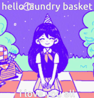 A Girl In A Party Hat Is Sitting On A Checkered Floor With The Words Hello Laundry Basket I Love You All Below Her GIF