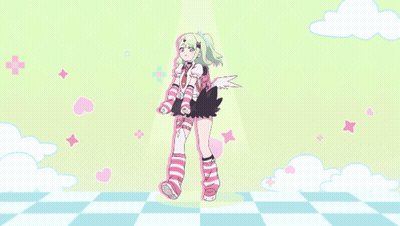 A Girl In A Pink And Black Outfit Is Standing In Front Of A Checkered Floor GIF