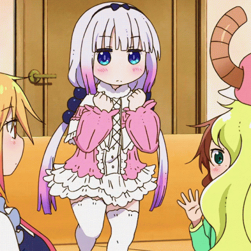 A Girl In A Pink And White Dress With Horns GIF