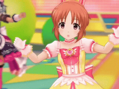 A Girl In A Pink And Yellow Dress Is Dancing In A Video Game . GIF
