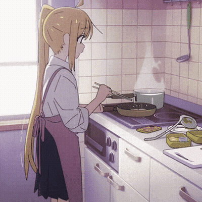 A Girl In A Pink Apron Is Cooking On A Stove With Chopsticks GIF