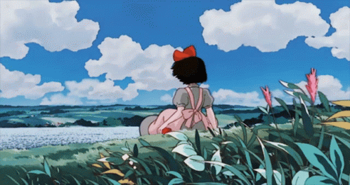 Girl In Pink Apron Sitting In Field Looking At Water GIF