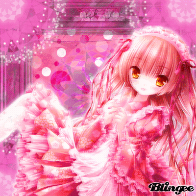A Girl In A Pink Dress Has The Word Blingee On The Bottom GIF