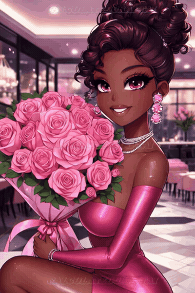 A Girl In A Pink Dress Holding A Bouquet Of Pink Roses GIF