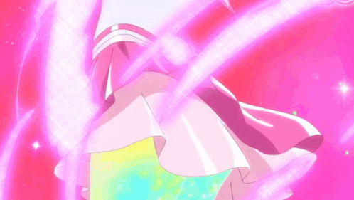 A Girl In A Pink Dress Is Dancing In Front Of A Pink Background With A Rainbow . GIF