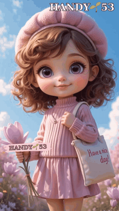 A Girl In A Pink Dress Is Holding A Bouquet Of Flowers And A Bag That Says Have A Nice Day GIF
