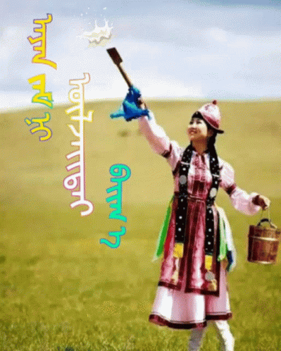 A Girl In A Pink Dress Is Holding A Bucket And A Brush With A Splash Of Milk Coming Out Of It GIF