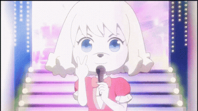 A Girl In A Pink Dress Is Holding A Microphone And Giving A Peace Sign GIF