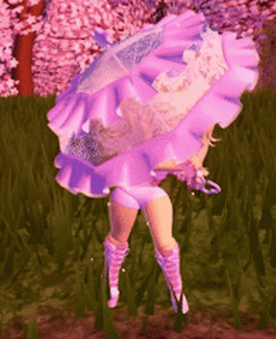A Girl In A Pink Dress Is Holding An Umbrella In A Field Of Cherry Blossoms . GIF