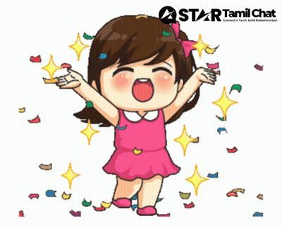 A Girl In A Pink Dress Is Surrounded By Confetti And Stars With A Star Tamil Chat Logo Above Her GIF
