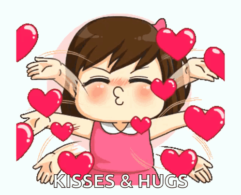 A Girl In A Pink Dress Is Surrounded By Hearts And The Words Kisses & Hugs GIF