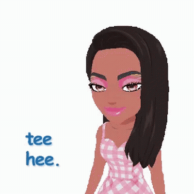 A Girl In A Pink Dress Says Tee Hee In Blue Letters GIF