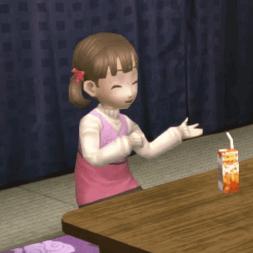 A Girl In A Pink Dress Sits At A Table With A Carton Of Orange Juice GIF