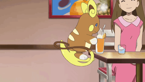 Girl In Pink Dress Sitting At Table With Cartoon Holding Orange Drink GIF