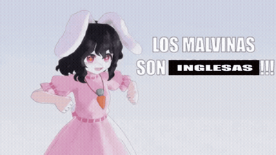 A Girl In A Pink Dress With Bunny Ears And The Words Los Malvinas Son Inglesas !!! GIF