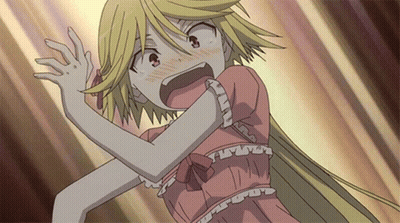 A Girl In A Pink Dress With Ruffles On The Sleeves Is Screaming GIF