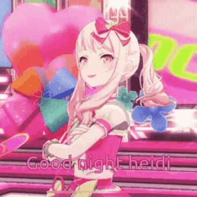 A Girl In A Pink Dress With The Words Good Night Heidi Written On The Bottom GIF