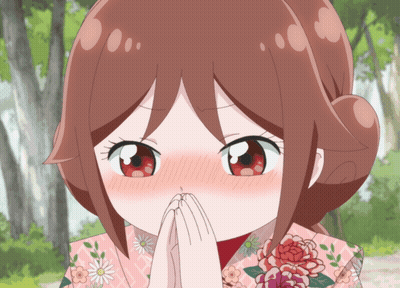 A Girl In A Pink Kimono With Flowers On It Is Covering Her Mouth With Her Hands GIF
