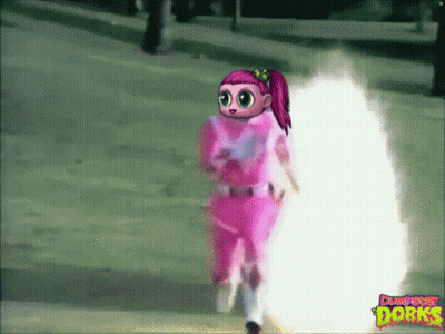 A Girl In A Pink Outfit Is Running Down A Street With The Words Dumpster Dorks In The Corner GIF
