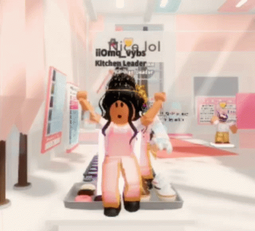 A Girl In A Pink Outfit Is Standing In Front Of A Kitchen Leader Sign . GIF