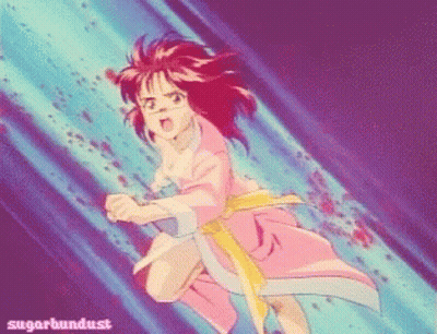 A Girl In A Pink Robe With A Yellow Belt Is Being Attacked By A Purple Background With The Words Sugarbundust Written On GIF