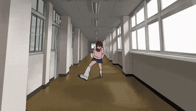 A Girl In A Pink Shirt And Shorts Is Dancing In A Hallway GIF