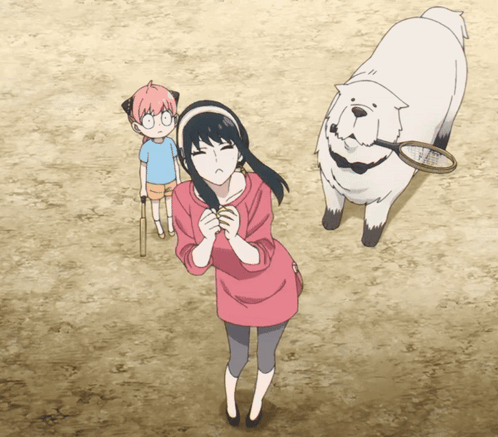 A Girl In A Pink Shirt Is Standing Next To A White Dog With A Tennis Racquet On Its Head GIF