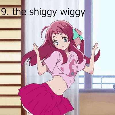 A Girl In A Pink Skirt Is Dancing In Front Of A Window With The Words " The Shiggy Wiggy " Above Her GIF